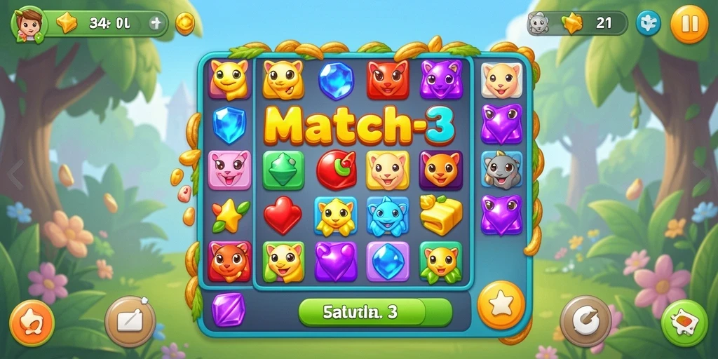 Tampilan gameplay seru dari 34R dengan suasana match-3 yang menarik.