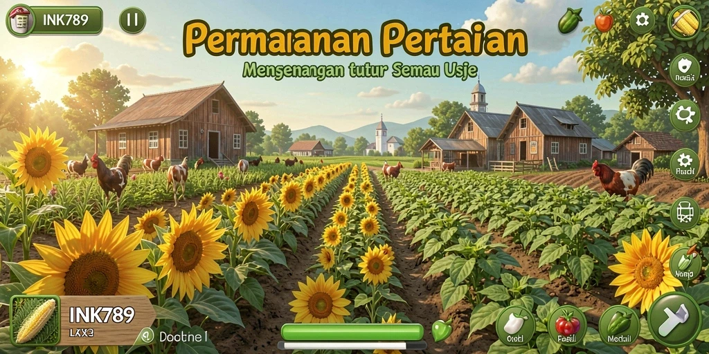 Tampilan gameplay INK789 dengan ladang hijau dan karakter yang aktif.