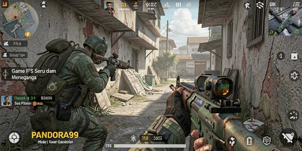 Screenshot gameplay PANDORA99 yang menampilkan aksi tembak-menembak yang intens.
