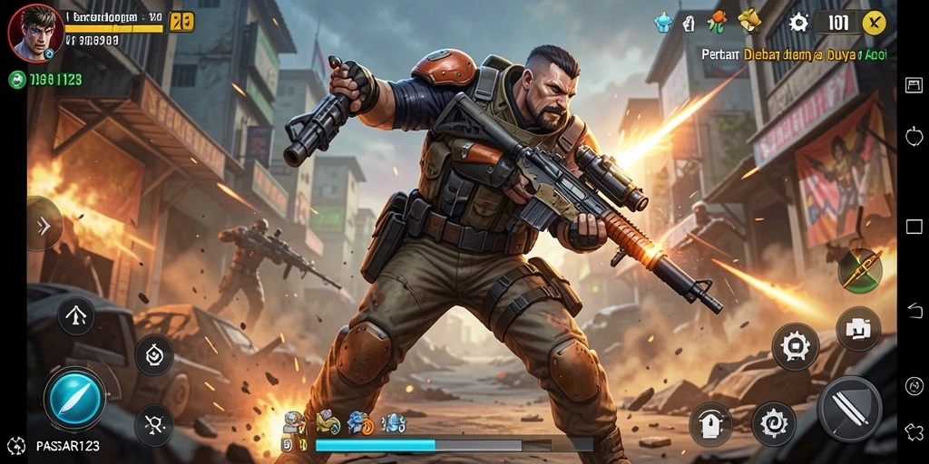Tampilan gameplay PASAR123 dengan aksi mendebarkan dan karakter yang kuat.