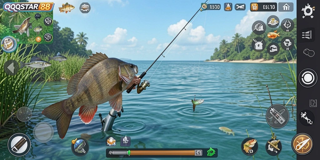 Screenshot gameplay QQSTAR88 menampilkan aksi memancing yang seru.
