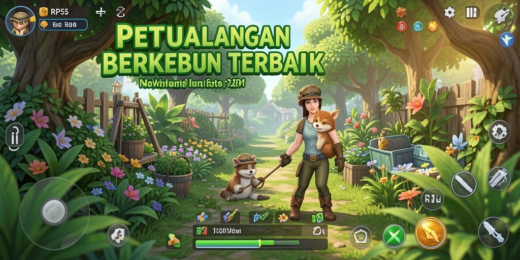 Tampilan gameplay RP55 dengan kebun yang indah dan beragam tanaman.